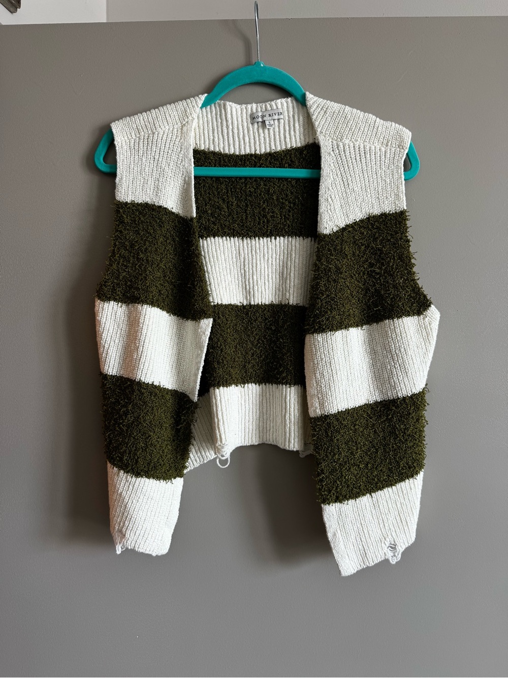 Moon River Olive Green and Cream Striped Open-Front Knit Vest